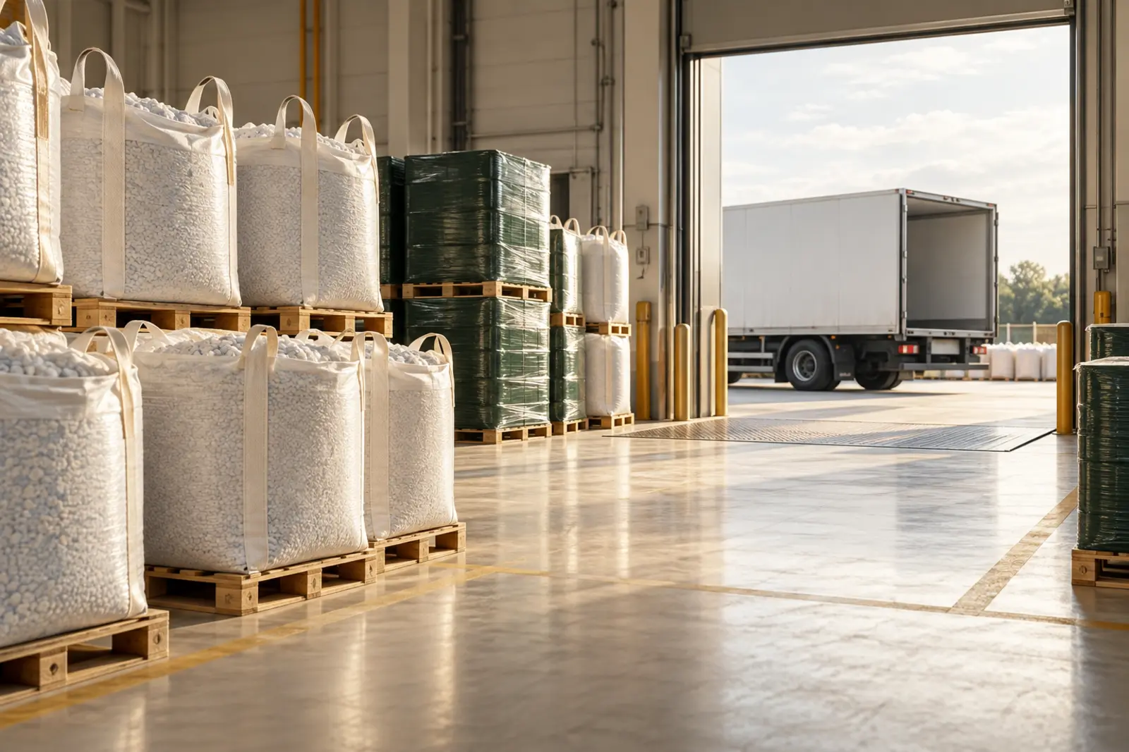 Bulk bags of recycled plastic granules prepared for dispatch