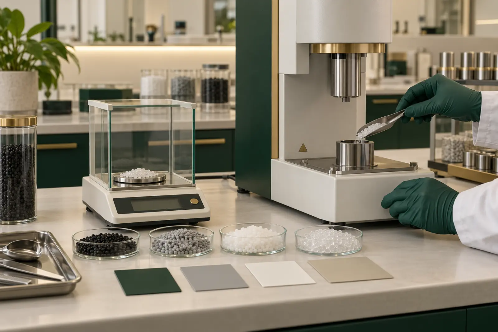 Polymer granules being measured in a material testing laboratory